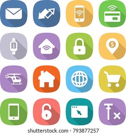 flat vector icon set - mail vector, up down arrow, phone wireless, tap to pay, smart watch, home, lock, dollar pin, ambulance helicopter, globe, cart, unlock, browser window, no signal