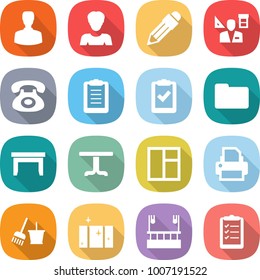 flat vector icon set - man vector, woman, pencil, architector, phone, clipboard, check, documents, table, window, printer, bucket and broom, clean, skysrcapers cleaning, list