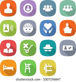 flat vector icon set - man vector, target audience, group, pass card, bandaged head, health care, hospital recieption, client, do not trolley sign, confidential, check in, bed, Chair for babies