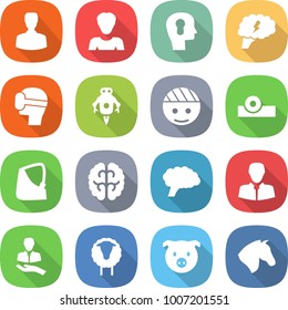 flat vector icon set - man vector, woman, bulb head, brain, virtual mask, jet robot, bandaged, reflector, broken hand, client, sheep, pig, horse