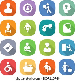 flat vector icon set - man vector, target audience, courier, bulb head, hoverboard, jet robot, hand coin, broken, under construction, client, support manager, delivery, invalid, reception, trash