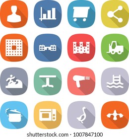 flat vector icon set - man vector, graph, delivery, molecule, cpu, school, palace, fork loader, surfer, table, hair dryer, pool, steam pan, grill oven, goose, hard reach place cleaning