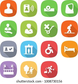 flat vector icon set - man vector, pass card, head reflector, broken hand, client, support manager, do not trolley sign, tourist, check in, detector, invalid, bed, skysrcapers cleaning, garden