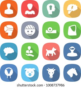 flat vector icon set - man vector, woman, bulb head, brain, virtual mask, bandaged, reflector, broken hand, client, dog, vr helmet, sheep, pig, cow, horse