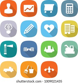 flat vector icon set - man vector, statistics, delivery, calculator, bulb brain, pencil, pacemaker, houses, lighthouse, school, building helmet, harvester, pickup, bucket and broom
