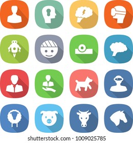 flat vector icon set - man vector, bulb head, brain, virtual mask, jet robot, bandaged, reflector, client, dog, vr helmet, sheep, pig, cow, horse