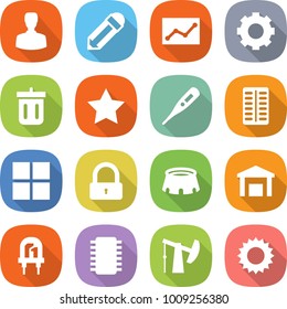 flat vector icon set - man vector, pencil, statistics, gear, bin, star, medical thermometer, pills blister, window, lock, stadium, warehouse, led, chip, oil pump, sun