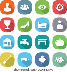 flat vector icon set - man vector, group, eye, sun power, wineglass, shoes, gothic architecture, baggage, home, water tap, table, tomato, shovel, trailer, maple leaf, outsource