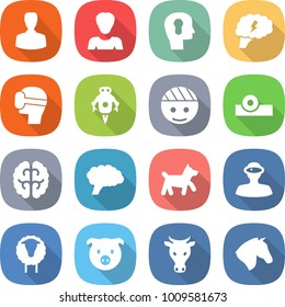 flat vector icon set - man vector, woman, bulb head, brain, virtual mask, jet robot, bandaged, reflector, dog, vr helmet, sheep, pig, cow, horse