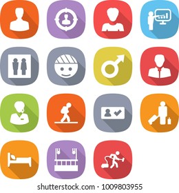 flat vector icon set - man vector, target audience, woman, presentation, wc, bandaged head, male sign, client, support manager, tourist, check in, passenger, bed, skysrcapers cleaning