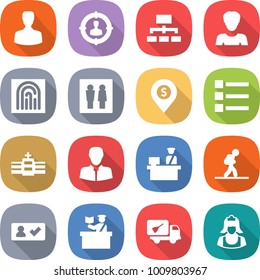 flat vector icon set - man vector, target audience, hierarchy, woman, fingerprint, wc, dollar pin, list, hospital, client, customs control, tourist, check in, inspector, home call cleaning, cleaner