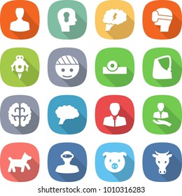 flat vector icon set - man vector, bulb head, brain, virtual mask, jet robot, bandaged, reflector, broken hand, client, dog, vr helmet, pig, cow
