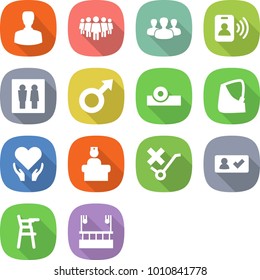 flat vector icon set - man vector, team, group, pass card, wc, male sign, head reflector, broken hand, health care, hospital recieption, do not trolley, check in, Chair for babies