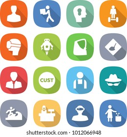flat vector icon set - man vector, courier, bulb head, hoverboard, virtual mask, jet robot, broken hand, under construction, client, customs, workman, confidential, surfer, reception, vr helmet