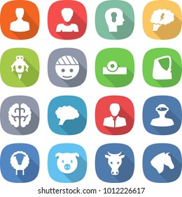 flat vector icon set - man vector, woman, bulb head, brain, jet robot, bandaged, reflector, broken hand, client, vr helmet, sheep, pig, cow, horse
