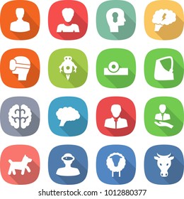flat vector icon set - man vector, woman, bulb head, brain, virtual mask, jet robot, reflector, broken hand, client, dog, vr helmet, sheep, cow