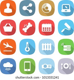 flat vector icon set - man vector, share, circle diagram, notebook, basket, broken bone, calendar, repair, arrival, thermometer, radiator, server, cloud service, phone, projector, fork spoon plate