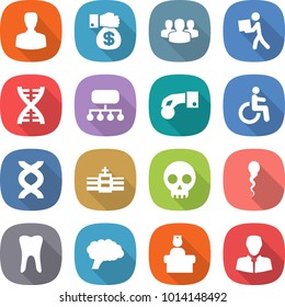 flat vector icon set - man vector, money gift, group, courier, dna, structure, hand coin, disability, hospital, skull, sperm, tooth, brain, recieption, client