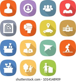 flat vector icon set - man vector, target audience, group, woman, fingerprint, virtual mask, car pointer, hospital, customs control, security, deltaplane, tourist, inspector, garden cleaning