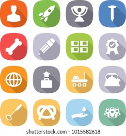 flat vector icon set - man vector, rocket, trophy, nail, bone, pencil, panel house, medal, globe, baggage, lunar rover, kettle, whisk, pretzel, hand and drop, outsource