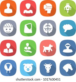flat vector icon set - man vector, woman, virtual mask, jet robot, bandaged head, broken hand, brain, client, dog, vr helmet, sheep, pig, cow, horse