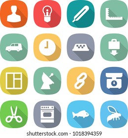 flat vector icon set - man vector, bulb, medical thermometer, ruler, car shipping, clock, taxi, baggage get, window, satellite antenna, link, kitchen scales, scissors, oven, fish, wasp