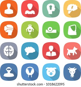 flat vector icon set - man vector, woman, bulb head, brain, virtual mask, jet robot, reflector, broken hand, client, dog, vr helmet, sheep, pig, cow