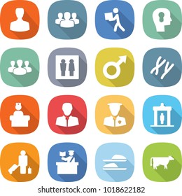 flat vector icon set - man vector, group, courier, bulb head, wc, male sign, chromosomes, hospital recieption, client, security, detector, passenger, inspector, slippers, cow