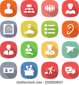 flat vector icon set - man vector, hierarchy, team, woman, fingerprint, car pointer, list, ear, client, security, deltaplane, check in, inspector, vacuum cleaner, home call cleaning