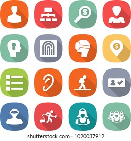 flat vector icon set - man vector, hierarchy, dollar magnifier, woman, bulb head, fingerprint, virtual mask, pin, list, ear, tourist, check in, vr helmet, vacuum cleaner, outsource