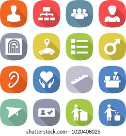 flat vector icon set - man vector, hierarchy, group, woman, fingerprint, car pointer, list, male sign, ear, health care, stairs, customs control, deltaplane, check in, garbage bin