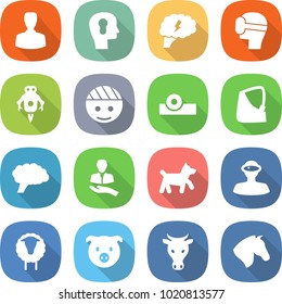 flat vector icon set - man vector, bulb head, brain, virtual mask, jet robot, bandaged, reflector, broken hand, client, dog, vr helmet, sheep, pig, cow, horse