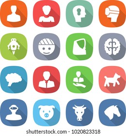 flat vector icon set - man vector, woman, bulb head, virtual mask, jet robot, bandaged, broken hand, brain, client, dog, vr helmet, pig, cow, horse