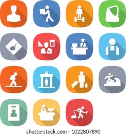 flat vector icon set - man vector, courier, hoverboard, broken hand, under construction, architector, customs control, workman, tourist, detector, passenger, surfer, identity card, reception