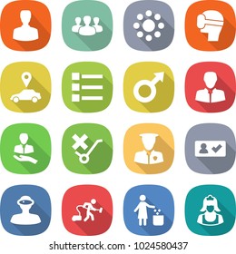 flat vector icon set - man vector, group, round around, virtual mask, car pointer, list, male sign, client, do not trolley, security, check in, vr helmet, vacuum cleaner, garbage bin