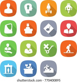 flat vector icon set - man vector, bulb head, hoverboard, jet robot, broken hand, hospital recieption, under construction, client, support manager, do not trolley sign, tourist, detector, inspector