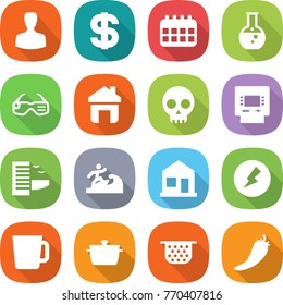 flat vector icon set - man vector, dollar, calendar, round flask, smart glasses, home, skull, atm, hotel, surfer, electricity, cup, pan, colander, hot pepper
