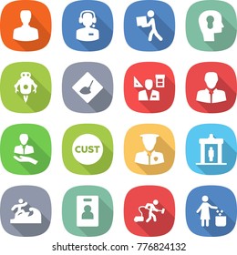 flat vector icon set - man vector, call center, courier, bulb head, jet robot, under construction, architector, client, customs, security, detector, surfer, identity card, vacuum cleaner