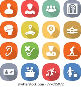 flat vector icon set - man vector, woman, group, fingerprint, virtual mask, car pointer, dollar pin, hospital, ear, do not trolley sign, security, tourist, check in, inspector, vacuum cleaner