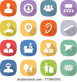 flat vector icon set - man vector, target audience, group, structure, car pointer, dollar pin, ear, stairs, client, customs control, security, deltaplane, vr helmet, garden cleaning, garbage bin