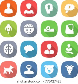 flat vector icon set - man vector, woman, bulb head, brain, jet robot, bandaged, reflector, broken hand, client, dog, vr helmet, pig, cow