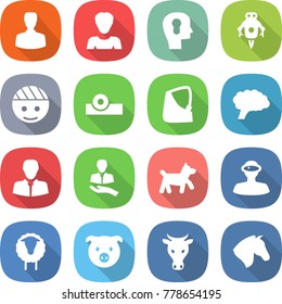 flat vector icon set - man vector, woman, bulb head, jet robot, bandaged, reflector, broken hand, brain, client, dog, vr helmet, sheep, pig, cow, horse