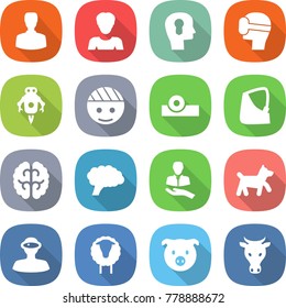 flat vector icon set - man vector, woman, bulb head, virtual mask, jet robot, bandaged, reflector, broken hand, brain, client, dog, vr helmet, sheep, pig, cow