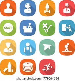 flat vector icon set - man vector, call center, hoverboard, doctor, customs, control, do not trolley sign, courier delivery, security, workman, deltaplane, tourist, passenger, pancakes