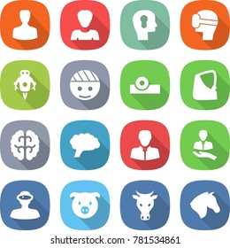flat vector icon set - man vector, woman, bulb head, virtual mask, jet robot, bandaged, reflector, broken hand, brain, client, vr helmet, pig, cow, horse