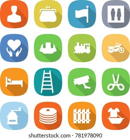 flat vector icon set - man vector, purse, flag, wc, health care, building helmet, train, motorcycle, bed, ladder, surveillance camera, scissors, hand mill, pancakes, fence, handle washing