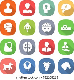 flat vector icon set - man vector, woman, bulb head, brain, virtual mask, jet robot, bandaged, reflector, broken hand, client, dog, sheep, cow, horse