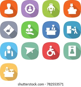 flat vector icon set - man vector, target audience, jet robot, hospital recieption, under construction, client, customs control, courier delivery, workman, deltaplane, invalid, identity card