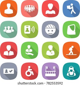 flat vector icon set - man vector, team, woman, courier, group, pass card, bandaged head, broken hand, client, support manager, tourist, check in, invalid, skysrcapers cleaning, cleaner