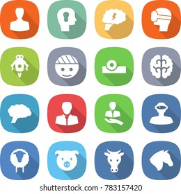 flat vector icon set - man vector, bulb head, brain, virtual mask, jet robot, bandaged, reflector, client, vr helmet, sheep, pig, cow, horse